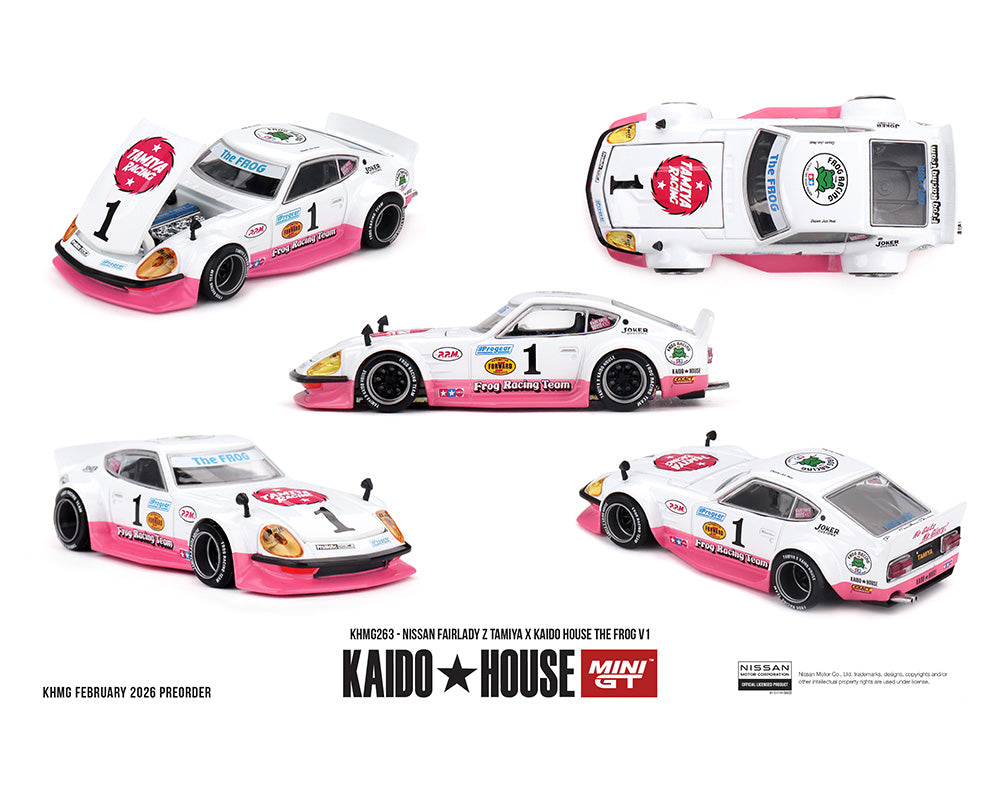 Kaido House x Mini GT 1:64 Nissan Fairlady Z Tamiya x Kaido House The Frog V1 – White/Pink KHMG 263