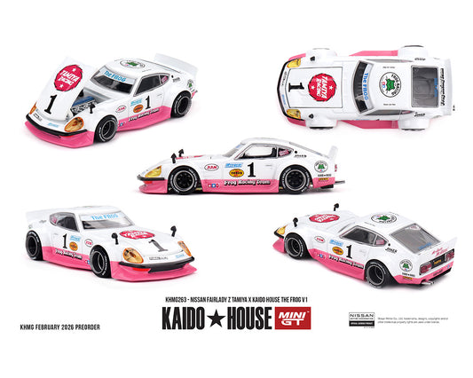 Kaido House x Mini GT 1:64 Nissan Fairlady Z Tamiya x Kaido House The Frog V1 – White/Pink KHMG 263