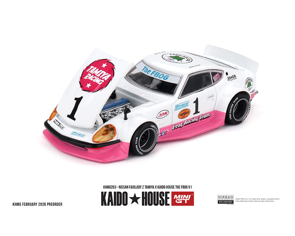 Kaido House x Mini GT 1:64 Nissan Fairlady Z Tamiya x Kaido House The Frog V1 – White/Pink KHMG 263